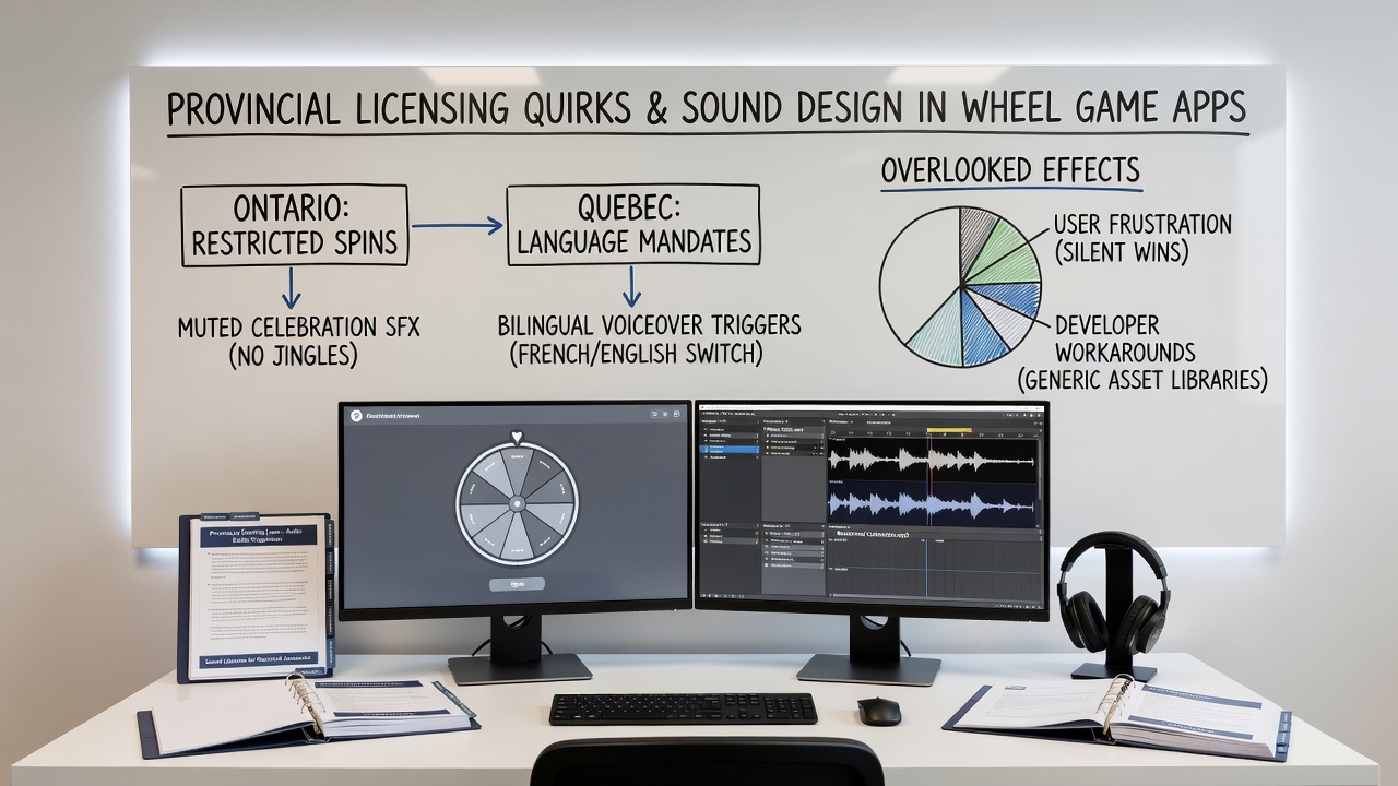 Developers reviewing audio files and licensing compliance checklists for regional wheel game apps